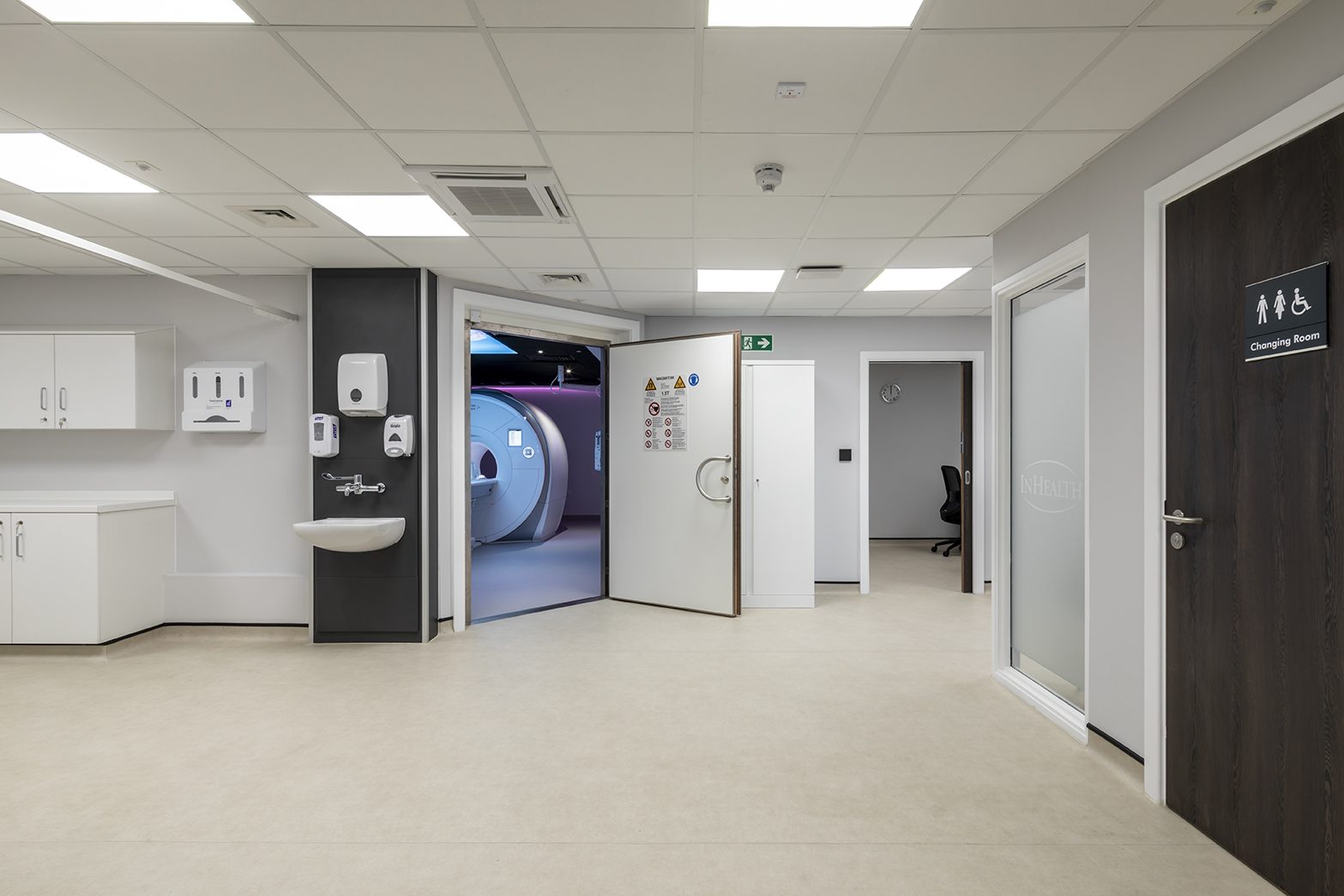MRI suite corridor with InHealth branding